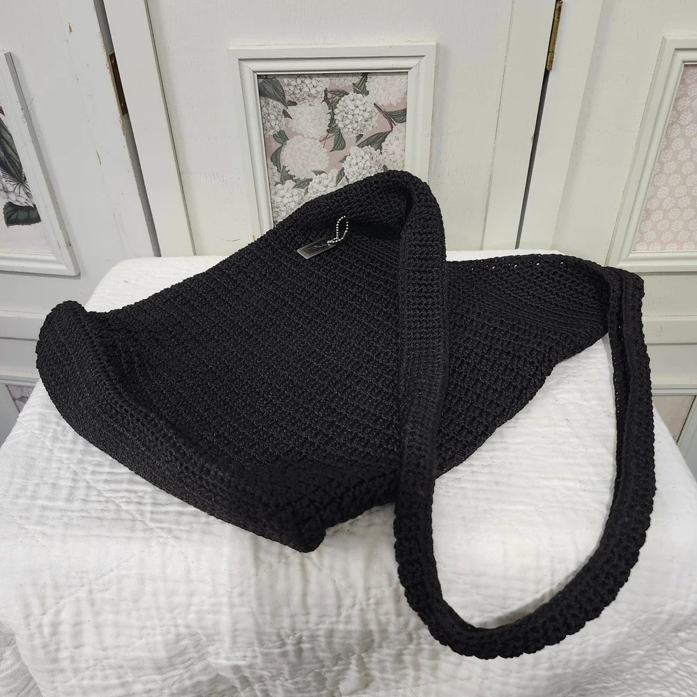 Vtg Jacqueline Ferrar Black Crochet Hobo Shoulder Bag Slouchy Knit Tote Bohemian